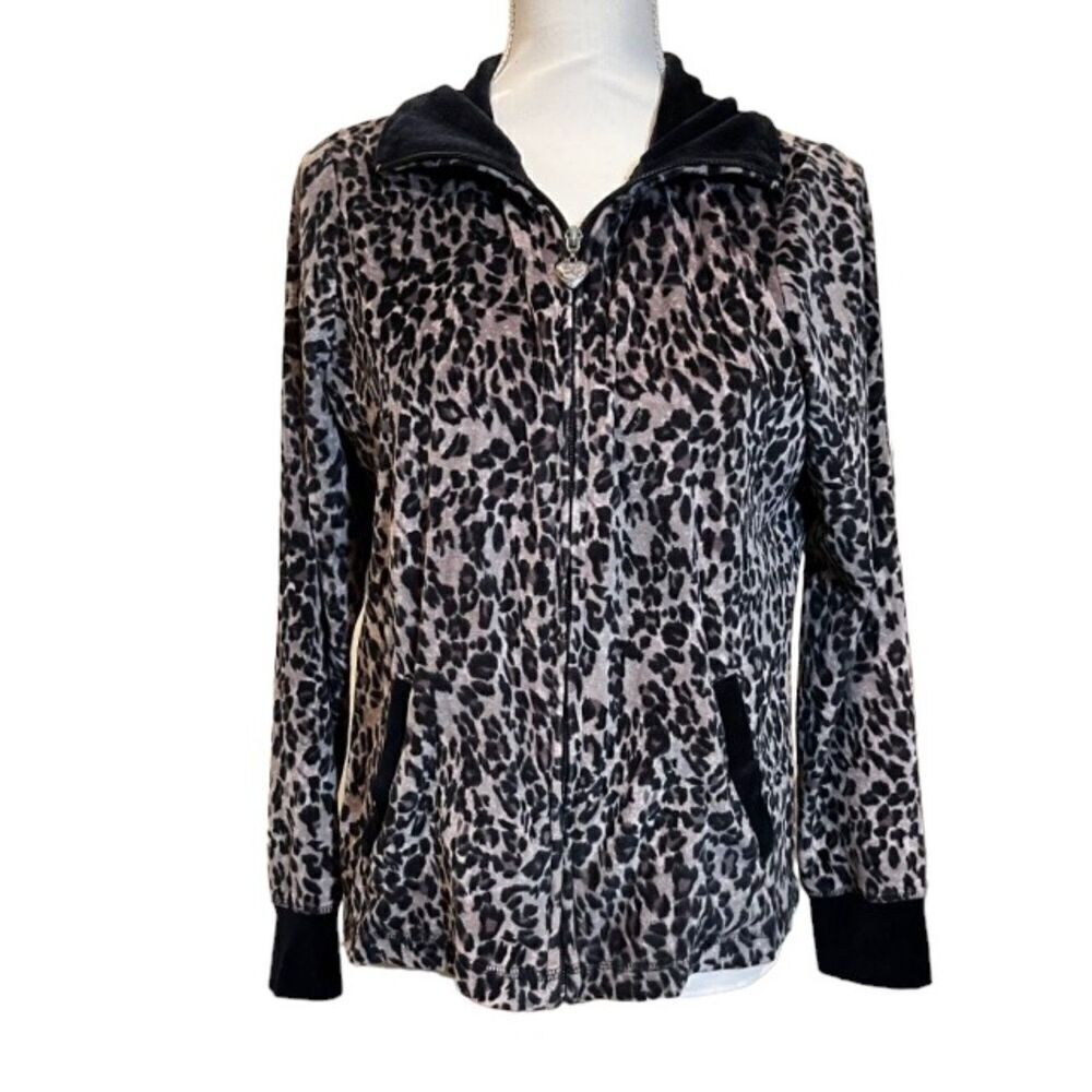 Ac-tiv-ology‎ Leopard Print Velour Feel Jacket Black Collar and Cuffs Size Small